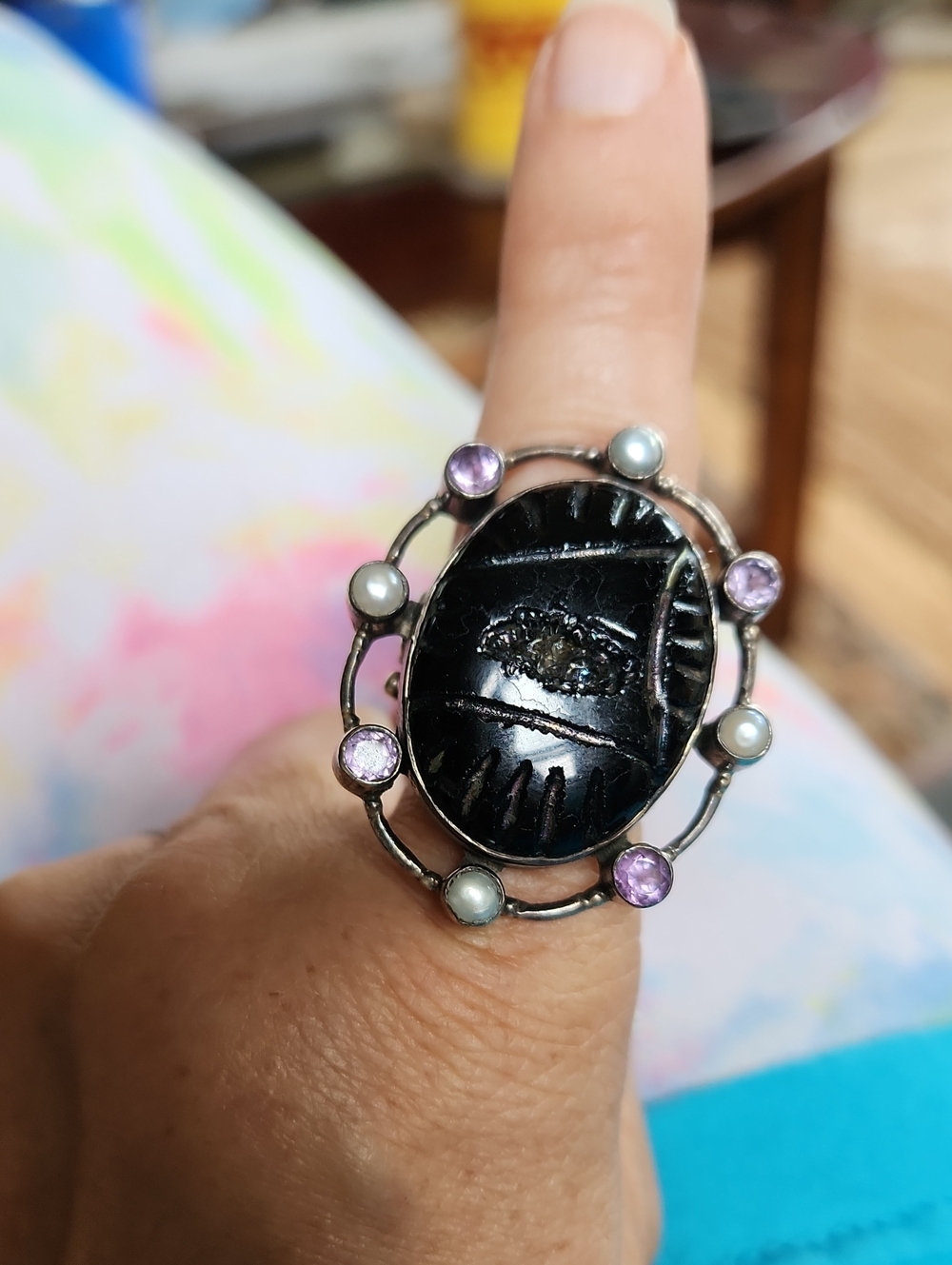 Source Unknown Black Stone Ring with Purple and White Accents